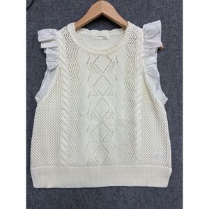 Sweater Anthropologie Ivory Eyelet Ruffle Cable Knit Sleeveless Top Small